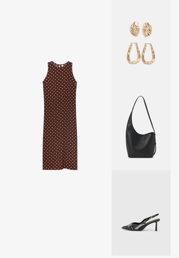 Abito marrone senza maniche con pois bianchi, caratterizzato da un collo rotondo e una silhouette dritta. Tessuto liscio con un design semplice.; Scarpa slingback in vernice nera con punta affusolata, cinturini alla caviglia con fibbie in argento e accessori, e tacco sottile.; Borsa hobo nera in pelle con una superficie liscia, forma curvata e una singola tracolla regolabile; presenta un'ampia apertura nella parte superiore.; Orecchini in tono oro caratterizzati da forme ondulate eTexture. Comprendono chiusure clip-on scultoree e un design a cerchio aperto con finitura martellata.