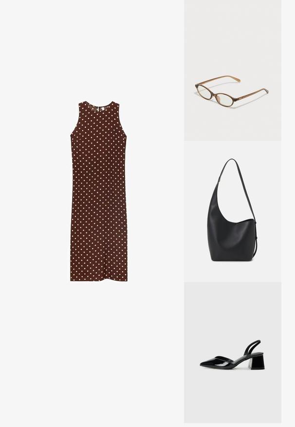 Hnedé šaty bez rukávov s bielymi bodkami, s okrúhlym výstrihom a rovnou siluetou. Hladká látka s jednoduchým dizajnom.; Čierne lakované kožené sandálové podpätky s špicatou špičkou a geometrickým blokovým podpätkom. Disponujú elegantným, minimalistickým dizajnom a hladkým povrchom.; Hnedé želvovinové okuliare s oválnymi sklíčkami, tenkými ramenami a priesvitnými akcentmi. Obsahujú jemný logo na stranici. Štýlový, ľahký dizajn.; Čierna kožená hobo taška so hladkou textúrou, zakriveným tvarom a jedným nastaviteľným popruhom; má široké otvorenie na vrchu.