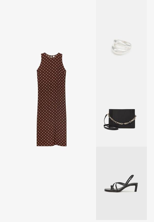 Braunes ärmelloses Kleid mit weißen Polka-Punkten, Rundhalsausschnitt und gerader Silhouette. Glattes Material mit einem schlichten Design.; Schwarze Sandale mit Riemchen, quadratischer Zehenform und niedrigem Blockabsatz. Verfügt über mehrere dünne Riemen und einen verstellbaren Knöchelriemen. Hergestellt aus glattem Leder.; Schwarze Leder-Crossbody-Tasche mit glatter Textur, rechteckiger Form und metallic-kettendetail auf der Vorderseite. Verstellbarer Gurt inklusive.; Silberner Doppelring mit einer glatten, polierten Oberfläche. Verfügt über ein fließendes, kurviges Design mit überlappenden Abschnitten für einen modernen Look.