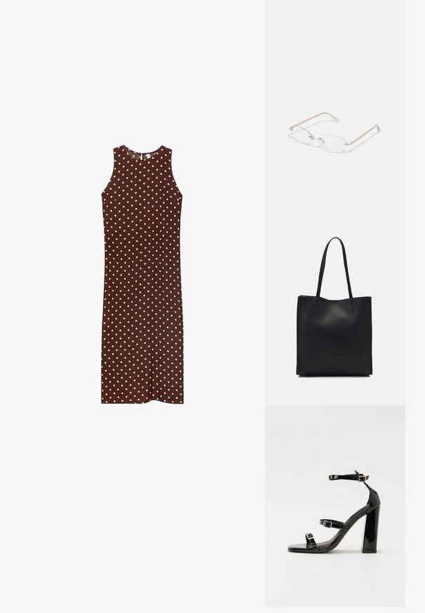 Vestido marrón sin mangas con lunares blancos, que presenta un escote redondo y una silueta recta. Tejido suave con un diseño simple.; Sandalias de tacón de charol negro con punta cuadrada, correas en el tobillo y hebillas plateadas. Presentan un tacón grueso para mayor estabilidad.; Gafas de metal dorado con lentes ovalados, brazos delgados y almohadillas nasales transparentes. Presentan sutiles acentos en las bisagras y lentes transparentes.; Bolso tote de cuero negro con textura lisa, forma rectangular y dos asas largas. Sin herrajes ni adornos visibles.
