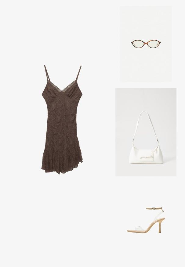 Vestito in pizzo marrone con spalline sottili, scollo a V, tessuto testurizzato e orlo arricciato. Motivi floreali delicati su tutto il materiale.; Sandal con tacco trasparente e parte superiore trasparente, plantare beige e una sottile cinghia alla caviglia. Presenta una punta appuntita e un tacco alto e sottile.; Occhiali in tartaruga con lenti ovali e una finitura liscia e elegante. Presentano aste sottili con una leggera curva alle tempie. Lenti trasparenti.; Borsa sintetica bianca a forma triangolare, con patta anteriore piatta e dettaglio a fiocco, tracolla regolabile, texture liscia e design minimalista.