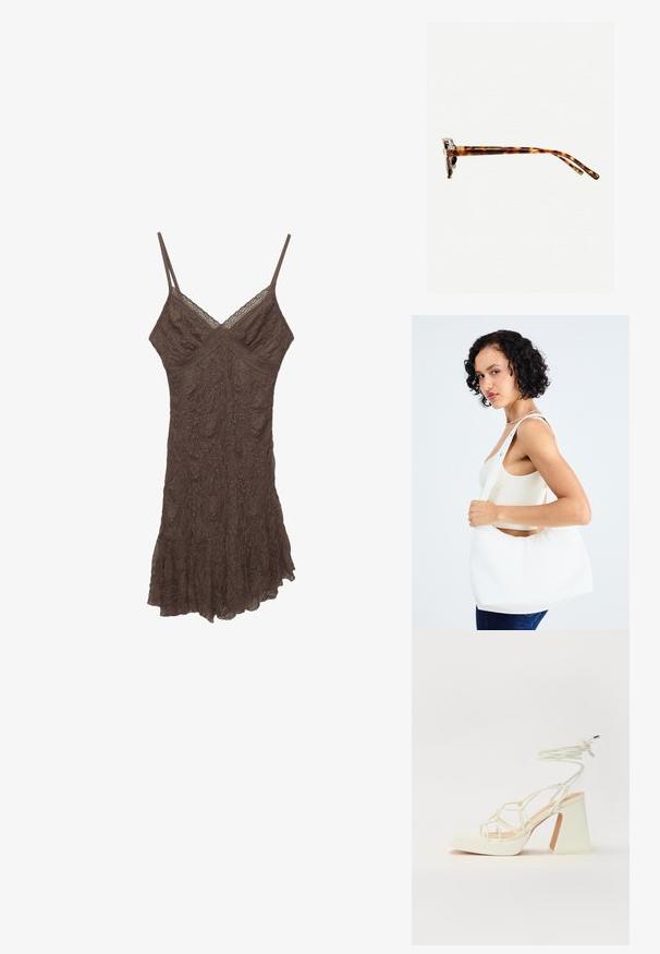 Rochie din dantelă maro cu bretele subțiri, decolteu în V, material texturat și tiv cu volane. Modele florale delicate pe întreaga țesătură.; Sandale albe cu toc înalt și gros, cu un design cu curele și legătură la gleznă. Textură netedă, cu o platformă frontală pentru înălțime suplimentară.; Ochelari de soare cu ramă de țestoasă, cu un cadru gros, temple ușor curbate și textură netedă. Prezintă un design clasic, cu o finisare lucioasă.; Geantă albă pentru umăr, realizată dintr-un material neted, cu o decupare ovală și un design cu bretele late. Simpatică și modernă, fără hardware vizibil.