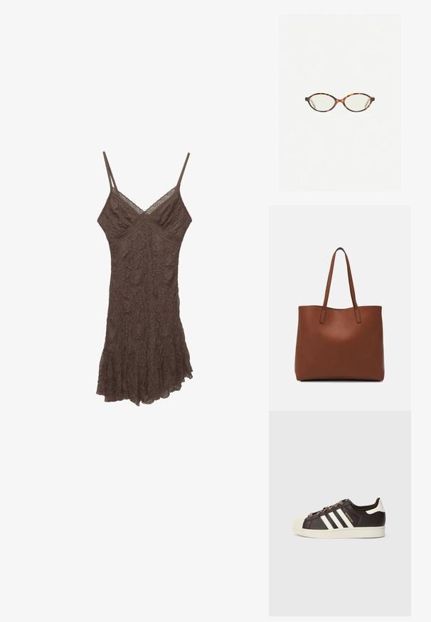 Rjava čipkasta kamizola obleka z tankimi naramnico, V-izrezom, teksturirano blago in nagubanimi robovi. Nežnih cvetličnih vzorcev po celotnem materialu.; Nizki adidas Superstar copat iz temno rjavega usnja s kremasto školjkasto konico, belimi črtami in napisom "Superstar" na strani.; Kornjačaste očala z ovalnimi lečami in gladko, sijočo površino. Imajo tanke stranice z rahlim ovinkom na templjih. Prosojne leče.; Rjava usnjena torba z gladko teksturo, odprto zasnovo zgoraj in dvema naramnima trakovoma. Opremljena je z minimalnim šivanjem in brez vidnih kovinskih delov.