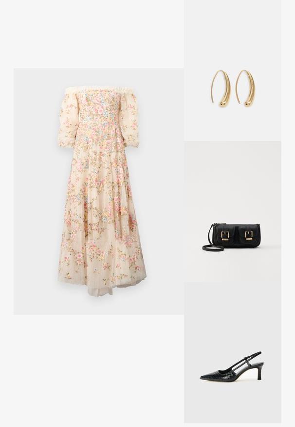 Õlavarrelt avatud, kreemivärvi kleit lilleline tikand, läbipaistvad puffvarrukad ja kihiline, voogav seelik täpilise tekstuuriga.; Mustmust paelad, millel on terav varvas, tekstuuriga maduprindiga, reguleeritav rihm ja lühike tekstuuriga plokknina.; Must küllastamata nahast õlakott, millel on kaks esist nähtavat taskut, kuldsed pandlad, tõmblukuga sulgemine ja peen rihm. Tekstuuriga pind ja kompaktne ristkülikukujuline kuju.; Kuldtoonilised metallist rõngas kõrvarõngad, millel on kõver ja piklik kuju. Omavad siledat, läikivat pinda ja ümarat tipptugevdust, mis lisab detaili.