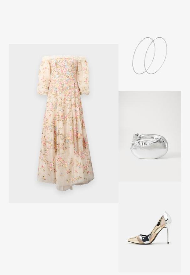 Oblačilo brez naramnic v kremni barvi, okrašeno z cvetličnim vezenjem, prosojnimi napihnjenimi rokavi in večplastno, lahkotno krilo z pikčasto teksturo.; Čevlji z visoko peto in konico, v barvni kombinaciji srebrne, zlate in nude. Sijajna obdelava z izrezljanim dizajnom, z igličasto peto.; Srebrna kovinska torbica z mehko, zaobljeno obliko in zavezano zgornjo zaporo. Narejena iz gladkega umetnega usnja.; Srebrne uhane v obliki obroča z minimalističnim dizajnom. Krožna oblika, gladka tekstura in tanek profil. Lahki s poliranim zaključkom.