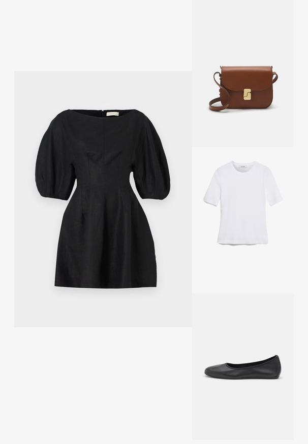 Melnas kleitas ar struktūruotu audumu, plašu apaļu kakla izgriezumu, pūkainām īsām piedurknēm un pieguļošu augšdaļu, kas paplašinās apakšā.; Balta īsām piedurknēm T-krekls, izgatavots no ribota auduma. Apaļš izgriezums, regulāra piegriezuma un diskrēti šuvumu detaļas. Bez printiem vai grafikām.; Melna ādas baleta kurpe ar noapaļotu purngalu, gludu tekstūru, minimālu šuvju detalizāciju un elastīgu zoles dizainu.; Bordo ādas rokas soma ar atloku, zeltītām detaļām, plecu siksnu un gludu virsmu. Kompakta, taisnstūrveida forma.