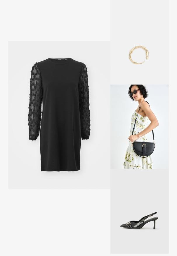 Crna obleka z dolgimi prosojnimi rokavi, okrašenimi s cvetličnimi vezeninami. Preprost okrogel izrez in sproščen kroj z ravno silhueto.; Črne patentne usnjene sandale s koničastim nosom, zankami okoli gležnja s srebrnimi sponkami in opremo ter vitkimi petami.; Črna usnjena torbica s ukrivljeno obliko, z odstranljivo naramnico in zlatimi dodatki. Torbica ima pokrov s podrobnostmi v obliki zaponke.; Zlati prstan s organskim, zvitim dizajnom, gladko površino in taperiranimi konci, ki ustvarja modernega, skulpturalnega videza.