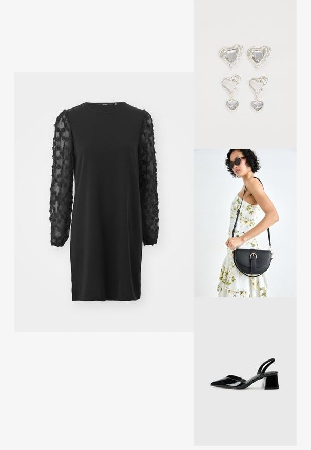 Svart kjole med lange, gjennomsiktige ermer pyntet med blomsterbroderi. Enkel rund hals og avslappet passform med en rett silhuett.; Svarte patentlær slingback hæler med spiss tå og geometrisk blokk hæl. Har et stilrent, minimalistisk design og jevn tekstur.; Svart lærveske med en buet form, avtagbar stropp og gullbeslag. Vesken har et klaff med spenne-detall.; Sølv hjerteformede øredobber har fasetterte klare steiner med en teksturert ramme. Sett inkluderer både stud- og hengende stiler.