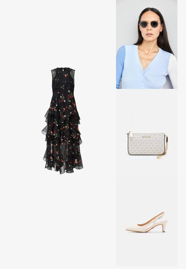 Rochie neagră cu flori, cu volane suprapuse, design fără mâneci, accente din dantelă la decolteu, având un amestec de flori roșii, roz și albe.; Sandaie cu toc alb, cu vârful ascuțit, material superior neted, toc mic tip bloc și design cu decupaj lateral, cu curea ajustabilă.; Ochelari de soare rotunzi cu lentile întunecate și rame aurii. Modelul poartă un cardigan ribbed de culoare albastru deschis cu nasturi și mâneci albe în contrast.; Clutch Michael Kors din canva acoperit bej, cu un model repetitiv al logo-ului MK, accesorii din aur și o curea cu lanț detașabil.