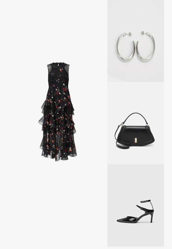 Černé květinové šaty s vrstvenými volány, bez rukávů, krajkové detaily v oblasti výstřihu, zdobené směsí červených, růžových a bílých květin.; Černé lakované kožené lodičky s špičatou špičkou, nastavitelnými nártními pásky a štíhlým podpatkem. Hladký povrch s lesklým povrchem.; Černá kožená kabelka se strukturovaným designem, jejíž tvar je zkrácený, má horní rukojeť a zlaté kovové detaily. Součástí je i nastavitelný ramenní popruh.; Stříbrné kruhové náušnice s hladkým, zakřiveným designem. Vyznačují se lesklým kovovým povrchem a zapínáním na patent. Žádné viditelné vzory nebo akcenty.