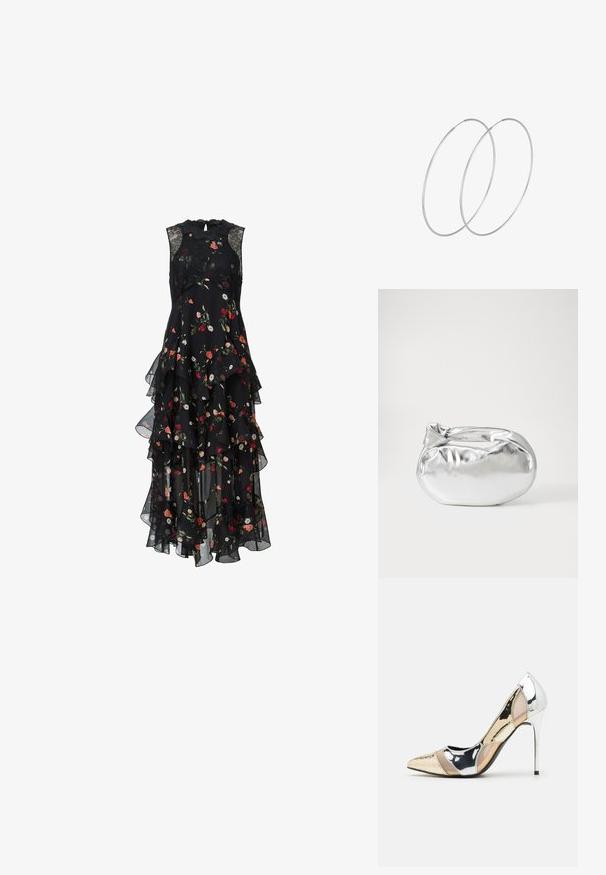 Musta kukkamekko kerroksellisilla röyhelöillä,olkaimettomalla muotoilulla, pitsikoristeilla dekolteessa, jossa on sekoitus punaisia, vaaleanpunaisia ja valkoisia kukkia.; Korkokenkät, joissa on terävä kärki ja hopea, kultainen sekä nude-väriyhdistelmä. Kiiltävä pinta ja leikkausdesign, varustettuna stikettikorkealla.; Hopeapintainen metallinen pussilaukku, jolla on pehmeä, pyöreä muoto ja solmittava yläosa. Valmistettu sileästä tekonahkamateriaalista.; Hopehope hopeilla, joissa on minimalistinen muotoilu. Pyöreä muoto, sileä pinta ja ohut profiili. Kevyet ja kiillotetut.