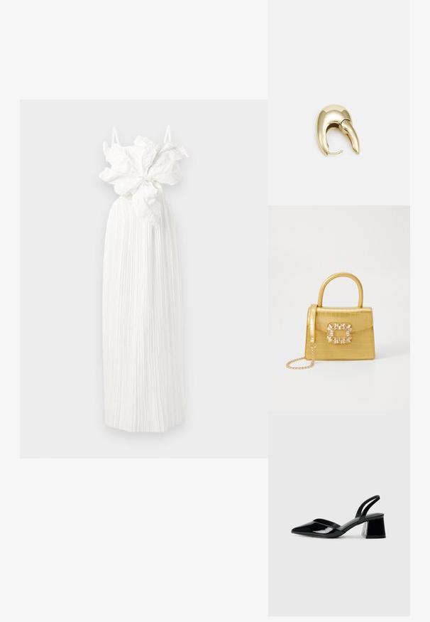 Valge plisseeritud kleit, millel on volangiline bodice ja suur lilledetail talje juures. Õhukesed õlapaelad täiendavad disaini.; Mustad musta lakknahk kingad, millel on terav varvas ja geomeetriline plokkkonts. Omab elegantselt minimalistlikku disaini ja sujuvat tekstuuri.; Kollane faux-krokodilli käsipindaga kott, millel on struktureeritud disain, ülemine käepide, eemaldatav kettmass ja dekoratiivne kristallkaunistus klambril.; Kuldtooni metallist kõrvarõngas, millel on elegantne ja kaarjas disain. Omab silmapaistvat teravat kuju, poleeritud pinda ja hingesulgemist.