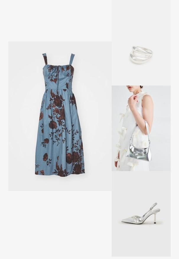 Abito senza maniche di un blu chiaro con motivo floreale marrone, scollatura arricciata e gonna fluida che arriva sotto il ginocchio.; Scarpe con tacco alto slingback argento con punta affusolata, finitura metallica, due cinturini decorativi e un tacco sottile con punta nera.; Borsa a mano metallica argento con forma strutturata, dotata di manico superiore e dettaglio a fiocco sulla parte frontale. Texture liscia e finitura riflettente.; Anello doppio in argento con superficie liscia e lucida. Presenta un design fluido e curvo con sezioni sovrapposte per un aspetto moderno.