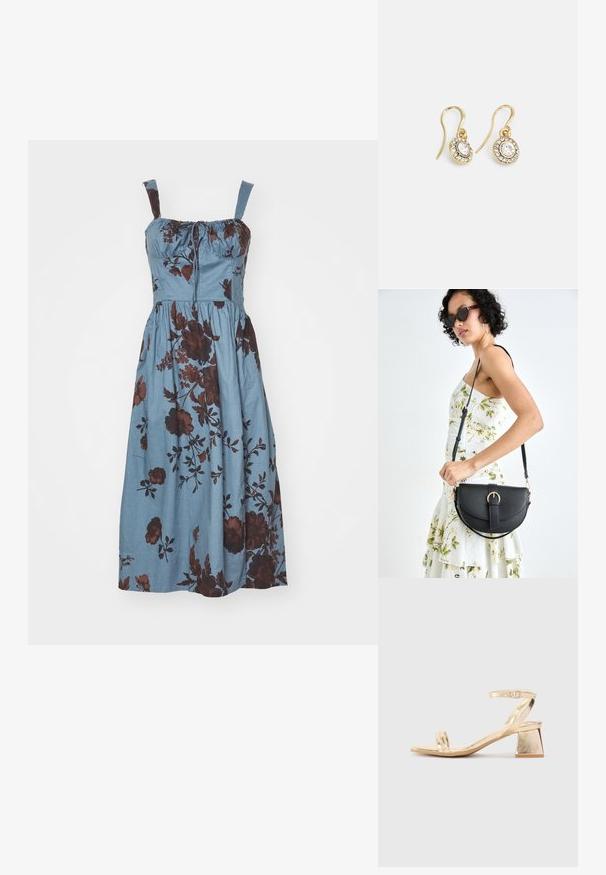 Svetlo modra brezrokavna obleka z rjavim cvetličnim vzorcem, z nabranim izrezom in tekočo krilom, ki sega pod kolena.; Zlate metalne sandale na visoki petek z angularnim blok petkom, dvema trakoma nad stopalom in nastavljivim trakom za gleženj. Gladka tekstura.; Črna usnjena torbica s ukrivljeno obliko, z odstranljivo naramnico in zlatimi dodatki. Torbica ima pokrov s podrobnostmi v obliki zaponke.; Zlato obarvani uhani z ovalnimi prozornimi kristali, ki jih obdajajo manjši prozorni kamenčki, s sistemom za oblačenje za varno nošenje.