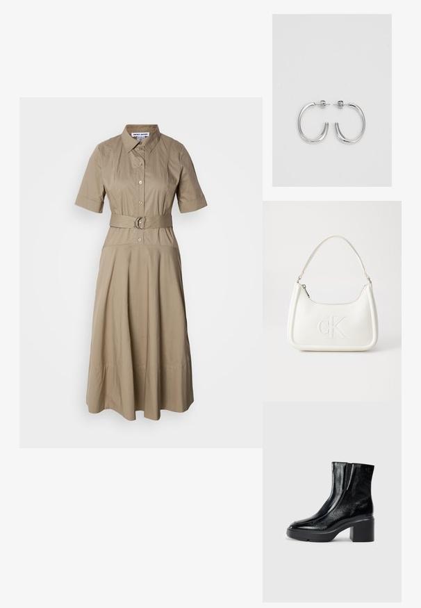 Kaki diržo suknelė, turinti apykaklę, trumpas rankoves, mygtukų užsegimą ir plazdantį sijoną su subtiliomis klostėmis. Lygus medvilnės audinys.; Juodi lakiniai auliniai batai iki kulkšnies, su išlenktu pirštu, elastinėmis šoninėmis panelėmis ir masyviu blokuotu kulnu. Apdailoje užpakalinėje dalyje įspaustas logotipas.; Balta odinė rankinė su išlenkta forma, su reljefiniu "CK" logotipu priekyje ir viena petneša. Užtrauktuko uždarymas viršuje.; Sidabrinės auskarai žiedai su lygiu, blizgiu paviršiumi. Suapvalinta forma, lengvas dizainas, su uždarymu ant smeigtuko.