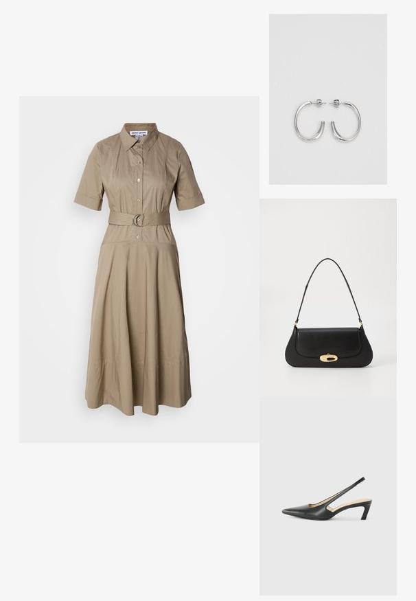 Bež košulja haljina s remenom, koja ima ovratnik, kratke rukave, zatvaranje na gumbe i lepršavu suknju s blagim naborima. Glatka pamučna tkanina.; Crne cipele s izduženim vrhom i remenom oko pete, s niskom petom, izrađene od glatke kože i s izrezbarenom stranom radi prozračnosti.; Crna kožna torba s zakrivljenim dizajnom, zlatnim detaljima i gornjom drškom. Ima elegantno zatvaranje i glatku teksturu.; Srebrne naušnice u obliku obruča sa glatkom, sjajnom površinom, zakrivljenog oblika i zatvaranjem na čep. Minimalistički dizajn s modernim završetkom.