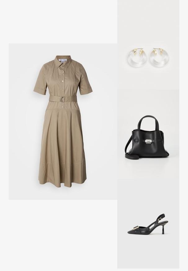 Khaki košeľové šaty so širokým opaskom, límcom, krátkymi rukávmi, zapínaním na gombíky a voľnou sukňou s jemnými plisovanými detailmi. Hladká bavlnená látka.; Čierne kožené slingback topánky s špicatou špičkou, štíhlym podpätkom a akcentom zlatého tónu na priehlavku. Hladká textúra a štruktúrovaný dizajn.; Čierna kožená kabelka s textúrovaným povrchom, ktorá má dve vrchné rukoväte, odnímateľný popruh cez rameno a strieborný uzáver.; Priesvitné akrylové kruhové náušnice so zlatými kovovými akcentmi a lesklým povrchom. Obsahujú hladký, kruhový dizajn.