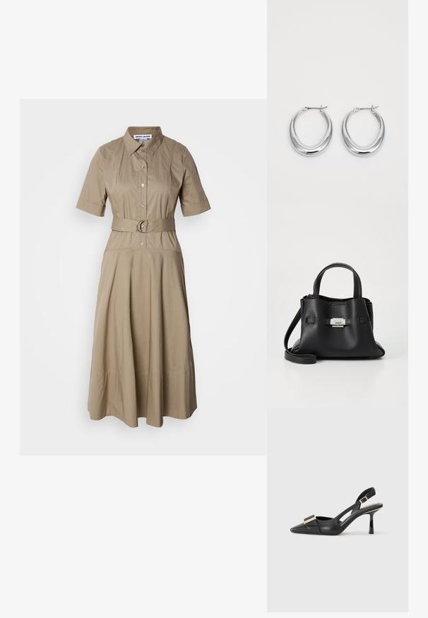 Khaki košilové šaty s páskem, límečkem, krátkými rukávy, zapínáním na knoflíky a volnou sukní s jemnými sklady. Hladká bavlněná látka.; Černá kožená slingback obuv s špičatou špičkou, štíhlým podpatkem a akcenty zlaté barvy na vředu. Hladká textura a strukturovaný design.; Černá kožená kabelka s texturovaným povrchem, vybavená dvěma horními uchy, odnímatelným ramenním popruhem a stříbrným detailem s uzávěrem.; Pár leštěných stříbrných půlměsíčních náušnic s kloubovými sponami na bílém pozadí.