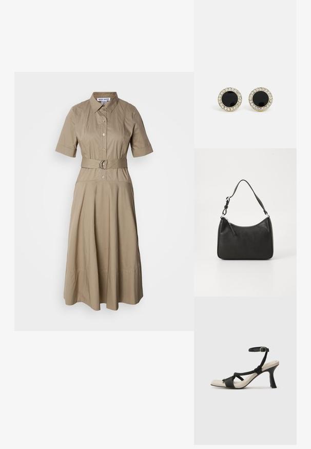 Khaki övvel ellátott ingruha, gallérral, rövid ujjal, gombos záródással és finom pliszírozású, áramló szoknyával. Sima pamut anyag.; Fekete sarkú szandál fonott pánttal, négyzet alakú orral és állítható bokapánttal. Világos bézs talpbetét fényes fekete sarkával.; Fekete bőrtáska ívelt formával, egyetlen pánttal, cipzáras záródással és diszkrét logóval az elején. Simább textúra, minimalista dizájn.; DKNY INLAY STUD - Fülbevalók - black/gold-coloured