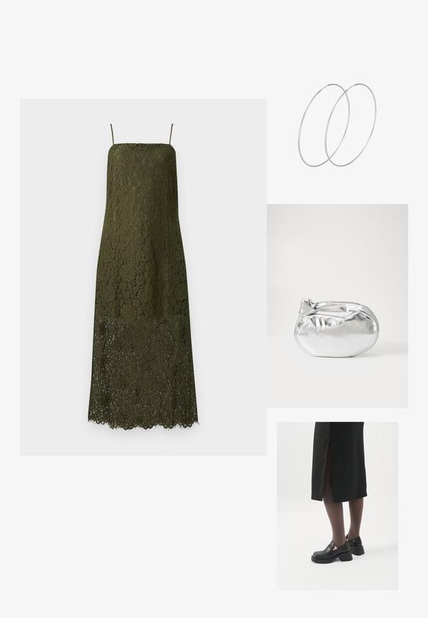 Maslinasta čipkana haljina, sa naramenicama, srednje dužine, cvjetni uzorak, valoviti rub, polu-prozirna čipkasta tekstura na donjem dijelu.; Crne kožne cipele s zaobljenim vrhom, debelim blok petama i elastičnim bočnim detaljima, uparene s tamnim čarapama i crnom suknjom s prorezom.; Srebrna metalik torbica s mekim, zaobljenim oblikom i čvorastim zatvaranjem na vrhu. Izrađena od glatke sintetičke kože.; Srebrne okrugle naušnice s minimalističkim dizajnom. Kružni oblik, glatka tekstura i tanak profil. Lagane s poliranim završetkom.