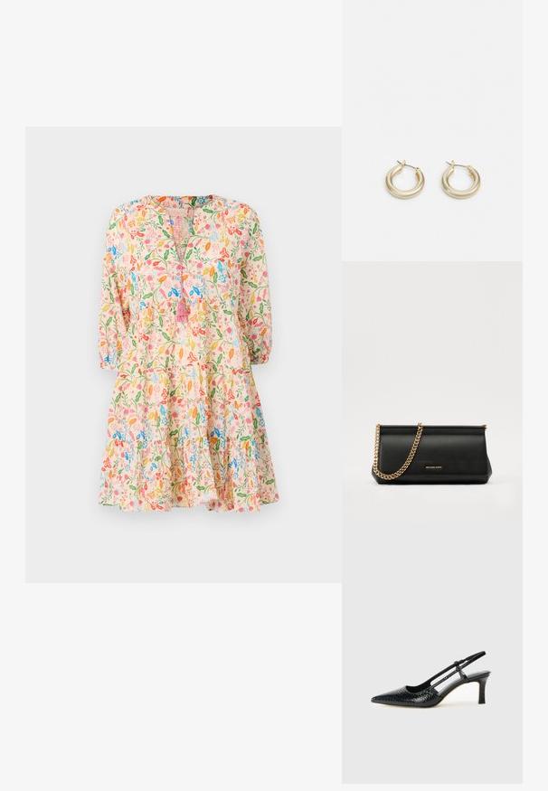 Blumendruckkleid mit rosafarbenem Hintergrund, Dreiviertelärmeln, einem V-Ausschnitt mit Quasten-Detail und einem gestuften Rockdesign.; Schwarze Lack-Slingback-Pumps mit spitzem Zehenbereich, versehen mit strukturiertem Schlangenprint, verstellbarem Riemen und einem kurzen, strukturierten Blockabsatz.; Schwarze Leder-Clutch mit einer goldenen Ketten-Trage, die eine glatte Oberfläche, rechteckige Form und geprägtes Branding auf der Vorderseite aufweist.; Lauren Ralph Lauren BASIC SMALL HOOP - Ohrringe - gold-coloured