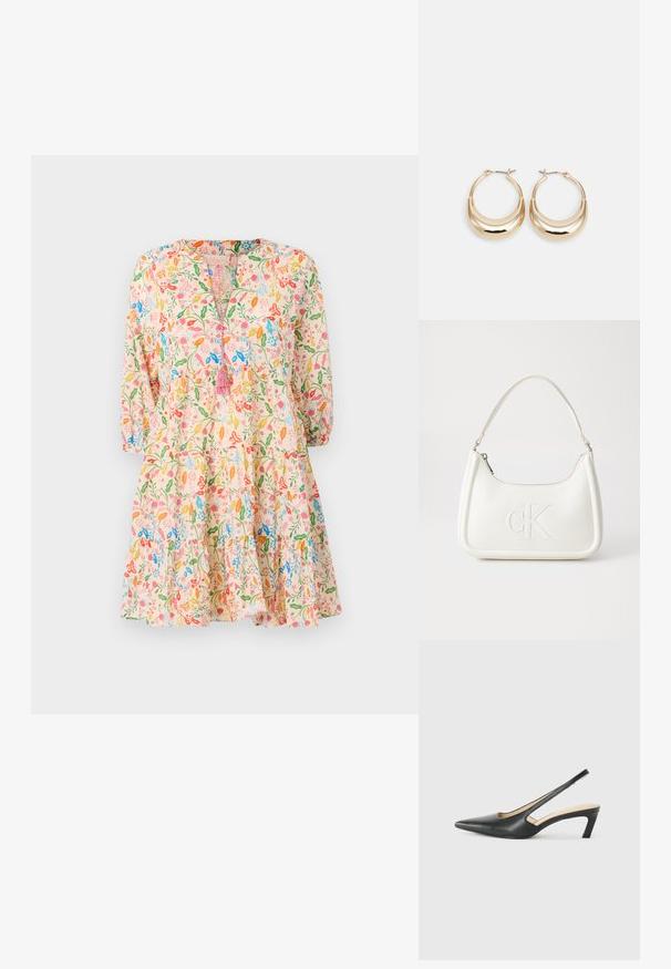 Blumendruckkleid mit rosafarbenem Hintergrund, Dreiviertelärmeln, einem V-Ausschnitt mit Quasten-Detail und einem gestuften Rockdesign.; Schwarzer spitz zulaufender Slingback-Schuh mit niedrigem Absatz, der aus glattem Leder gefertigt ist und seitliche Ausschnitte für Atmungsaktivität aufweist.; Weiße Lederhandtasche mit abgerundeter Form, ausgestattet mit einem geprägten "CK"-Logo auf der Vorderseite und einem Einzel-Schultergurt. Reißverschluss oben.; Goldfarbene Creolen mit einer Halbmondform, polierter Oberfläche und Scharnierverschluss. Die glatte Textur und der reflektierende Finish verbessern die Sichtbarkeit.