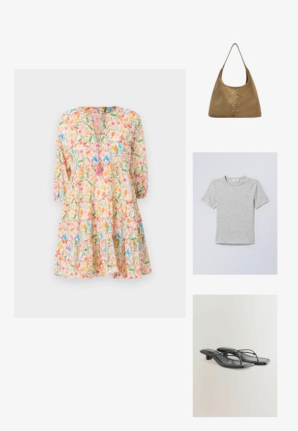 Blumendruckkleid mit rosafarbenem Hintergrund, Dreiviertelärmeln, einem V-Ausschnitt mit Quasten-Detail und einem gestuften Rockdesign.; Hellgraues T-Shirt mit kurzen Ärmeln aus weichem Stoff. Verfügt über einen runden Halsausschnitt und einfache, klare Linien ohne Muster oder Verzierungen.; Schwarze Sandalen aus Kunstleder mit Slingback, im Krokodil-Design, mit eckiger Zehenpartie und niedrigem Absatz. Mit dünnen Riemen, die die Sohle verbinden.; Suede Schultertasche in Beige mit einem lässigen Design, versehen mit metallischen Nieten an der Vorderseite für Details und einem einzelnen, breiten Tragegurt.