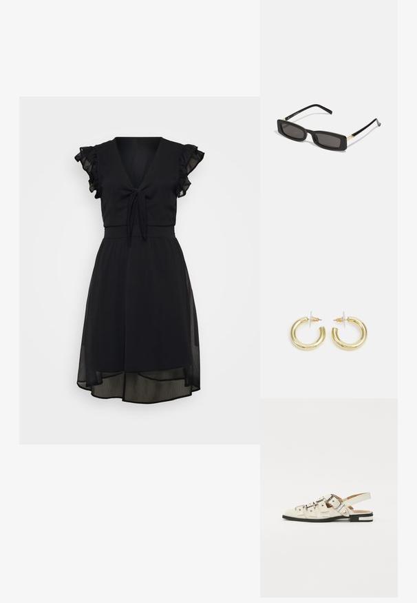 Vestido preto com decote em V, detalhe de laço na cintura, mangas curtas com babados e uma saia em camadas e transparente, com um comprimento ligeiramente maior na parte de trás.; Sandálias slingback em couro branco com várias tiras largas e fivelas prateadas; sola plana com um pequeno salto preto e detalhes metálicos.; Óculos de sol retangulares pretos com lentes escuras, armações de plástico brilhante e detalhes em dourado nas templetas. Design minimalista e forma elegante.; Brincos em argola dourados com um acabamento liso e brilhante. Design circular com um pequeno pino e suporte transparente para um uso seguro.
