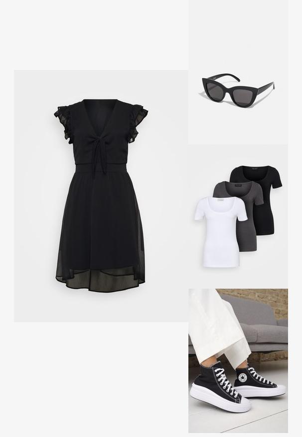 Juoda suknelė su V formos iškirpte, raiščiu juosmens srityje, trumpomis rauktomis rankovėmis ir sluoksniuota, permskirtančia suknele, kuri nugarinėje dalyje yra šiek tiek ilgesnė.; Trys priderinti marškiniai: balti, pilki ir juodi. Kiekvienas turi plačią apvalią iškirptę ir trumpas rankoves. Pagaminti iš lygaus, tamprių audinio.; Juodi aukštakulniai sportbačiai su baltais guminiu padu ir raišteliais. Ant jų yra apvalus logotipo lopas ir kontrastingos baltos siūlės. Pagaminti iš drobės medžiagos.; Juodos katės akies akinių nuo saulės su matinio paviršiaus danga, turinčiais pilkai tonuotus lęšius, aštriomis linijomis ir elegantiškomis šoninėmis kojelėmis. Prekės ženklas matomas vidinėje kojelėje.