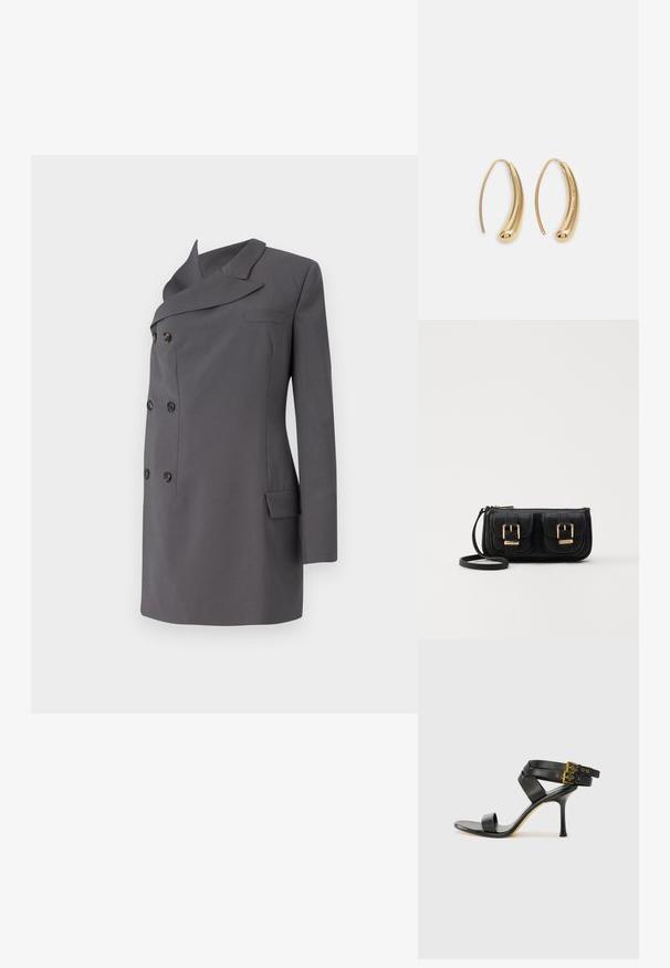 Szürke, dupla soros zakó sálgallérral, fekete gombokkal, egyetlen mellzsebbel és letisztult dizájnnal.; Fekete magassarkú szandál keresztpántos dizájnnal és állítható csattal. Simább felülettel és hegyes tűsarkúval rendelkezik.; Fekete bőr keresztbody táska két elülső zsebbel, arany csattokkal, cipzáras záródással és vékony pánttal. Textúrált felület és kompakt téglalap alak.; Aranyszínű fémből készült karika fülbevalók ívelt, hosszúkás formával. Simaságával és fényes felületével, valamint lekerekített végével további részletekkel bővül.