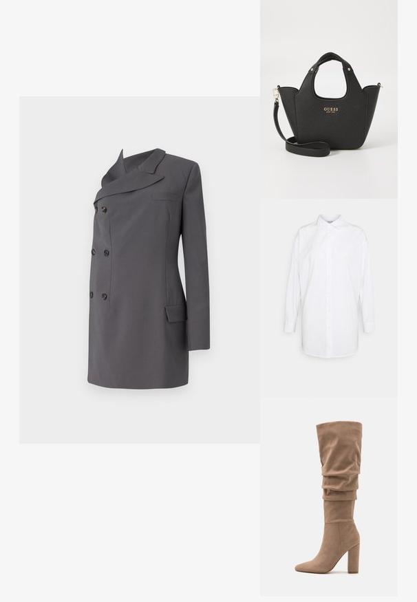 Sivý dvojradový blazer so šálovým golierom, obsahujúci čierne gombíky, jedno vrecko na hrudi a elegantný dizajn.; Biela košeľa s dlhými rukávmi, klasickým golierom a rovný strih. Vyrobená z hladkej, ľahkej tkaniny. Bez vzorov alebo akcentov.; Anna Field Čižmy - beige; Čierna textúrovaná kabelka s krátkymi uchami a odnímateľným ramenným popruhom. Vybavená zlatým logom. Kompaktný, štruktúrovaný tvar.