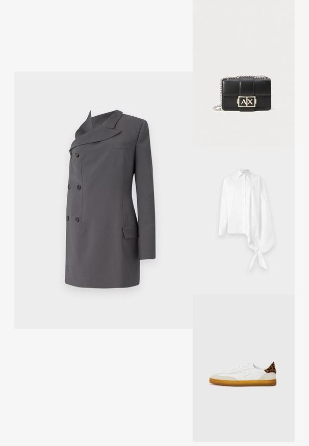 Sacou gri cu două rânduri de nasturi, cu guler tip șal, având nasturi negri, un singur buzunar pe piept și un design elegant.; Cămașă albă cu mânecă lungă, cu nasturi, având o mânecă asimetrică supradimensionată, adunată și legată la încheietura mâinii pe partea dreaptă.; Adidași albi cu un brad din suede texturat și piele, având o accente de imprimeu leopard pe călcâi și o talpă din cauciuc de culoare caramel.; Geantă de umăr din piele neagră, cu un design matlasat, curea din lanț argintie și un logo argintiu "AX" proeminent pe față. Formă compactă, rectangulară.