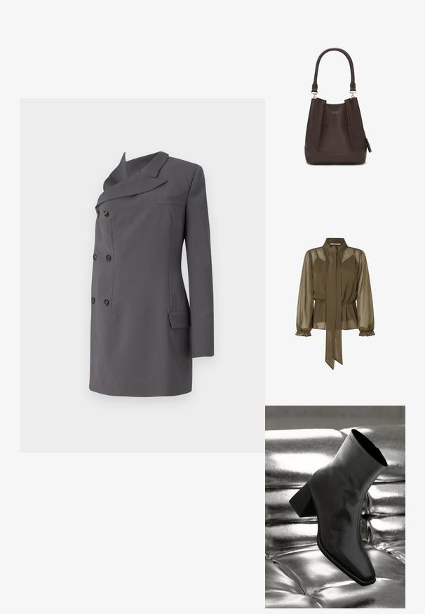 Pilkas dvigubas švarkas su šilkine apykakle, su juodais mygtukais, vienu krūtinės kišeniu ir elegantišku dizainu.; Aliejinė žalia, permatoma palaidinė su užrišamu apykakle, elastingu juosmeniu ir raukiniais ilgomis rankovėmis. Lengvas audinys su plaukiančiu dizainu.; Juodos kulkšnies botai, pagaminti iš blizgaus medžiagos, su kvadratine padu ir siauru kulnu, prieš blizgiai sidabrinį pūsto audinio foną.; Carlheim ADALINE - Rankinė - brown