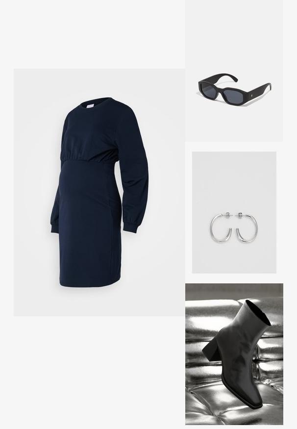 Morska plava haljina za trudnice napravljena od mekanog materijala, s dugim rukavima, naboranim strukom i opuštenim krojem koji prilagođava rastućem trbuhu.; Crni gležnjača napravljena od sjajnog materijala sa četvrtastim vrhom i suženom petom, postavljena protiv srebrne sjajne pozadine sa nabranim uzorkom.; Crne sunglasses s pravokutnim okvirom, mat završnom obradom, tamnim lećama i blago zakrivljenim drškama. Suptilni logo akcent na jednoj dršci.; Srebro naušnice u obliku prstena s glatkom, sjajnom završnom obradom. Zaobljenog oblika, laganog dizajna, s kopčom na poleđini.