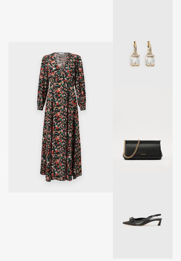 Maxikleid mit floralem Muster, das einen schwarzen Grundton mit roten, pinken und grünen Blumen hat. Lange Ärmel, tiefes V-Ausschnitt und fließende Silhouette.; Schwarzer Leder Slingback-Schuh mit spitzer Zehenform, kleinem Absatz und dekorativem Schnallen-Detail auf dem Obermaterial. Glatte Textur, minimalistisches Design.; Schwarze Leder-Clutch mit einer goldenen Ketten-Trage, die eine glatte Oberfläche, rechteckige Form und geprägtes Branding auf der Vorderseite aufweist.; Ohrringe in Goldfarbe mit einem rechteckigen, durchsichtigen Kristall, der unter einer Reihe kleiner, runder klarer Akzente hängt. Elegantes, modernes Design.