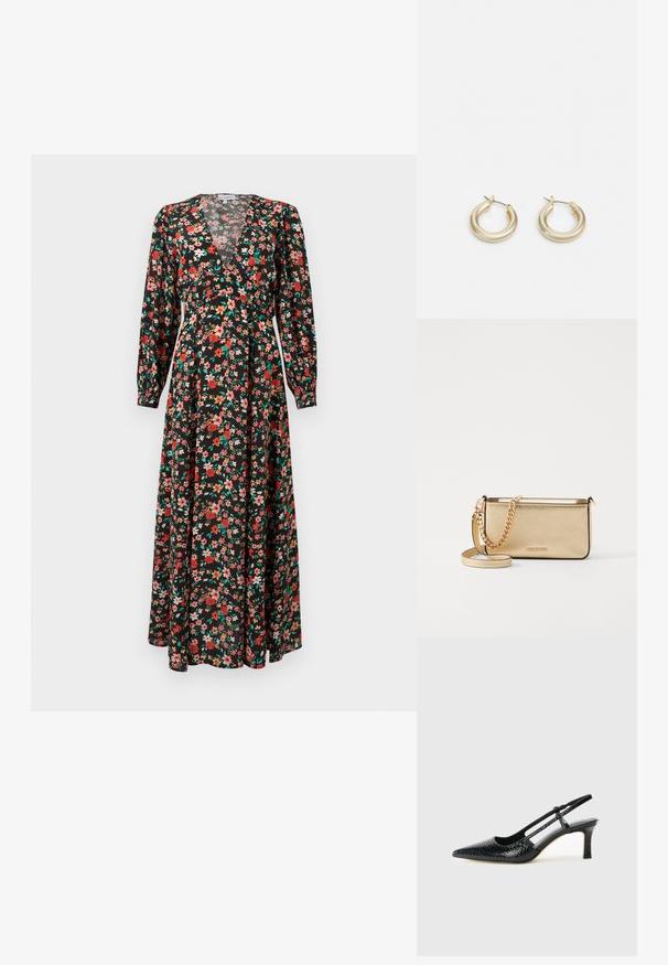 Cvečna maksi obleka s črno osnovo in rdečimi, roza ter zelenimi cvetovi. Dolgi rokavi, globok V-izrez in tekoča silhueta.; Črne lakaste slingback pete s koničastim nosom, ki imajo teksturiran vzorec kačje kože, nastavljiv trak in kratek teksturiran blok peto.; Metalna zlata usnjena torbica z teksturirano površino, opremljena z zlatim verižnim ročajem in odstranljivim naramnim trakom. Logotip blagovne znamke je vtisnjen.; Lauren Ralph Lauren BASIC SMALL HOOP - Uhani - gold-coloured