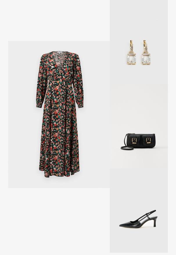 Rochie maxi florală cu un fond negru, decorată cu flori roșii, roz și verzi. Mâneci lungi, decolteu adânc în V și siluetă fluidă.; Pantofi cu toc slingback negri din patent, cu vârf ascuțit, cu imprimeu de șarpe texturat, curea ajustabilă și toc scurt texturat.; Geantă neagră din piele, tip crossbody, cu două buzunare frontale, catarame aurii, închidere cu fermoar și o curea subțire. Suprafață texturată și formă rectangulară compactă.; Cercei aurii care prezintă un cristal clar, rectangular, suspendat sub un rând de accente mici, rotunde, clare. Design elegant și modern.