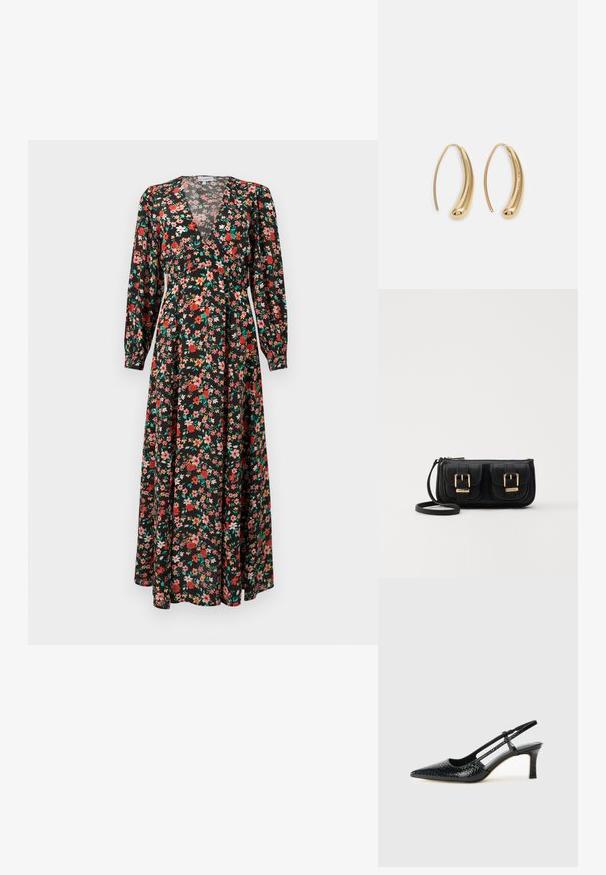 Μακρύ φόρεμα με λουλούδια που διαθέτει μαύρο φόντο με κόκκινα, ροζ και πράσινα λουλούδια. Μακριά μανίκια, βαθύ V-ντεκολτέ και ρέουσα σιλουέτα.; Μαύρη πατέντα σλινγκμπάκ γόβα με μυτερή μύτη, διαθέτει υφή από φίδι, ρυθμιζόμενο λουρί και κοντή, υφή τετράγωνη φτέρνα.; Μαύρη δερμάτινη τσάντα ώμου με δύο μπροστινές τσέπες, χρυσά κούμπωματα, κλείσιμο με φερμουάρ και λεπτό λουρί. Υφή επιφάνειας και κομψό ορθογώνιο σχήμα.; Χρυσές μεταλλικές σκουλαρίκια κρίκοι με καμπυλωτό, ελκυστικό σχήμα. Περιλαμβάνουν μια λεία, γυαλιστερή επιφάνεια και στρογγυλή άκρη για πρόσθετη λεπτομέρεια.