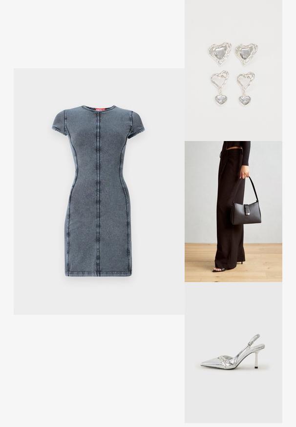 Tumši pelēks džinsu kleita ar īsām piedurknēm, apaļu kaklu un centrālām šuvēm. Gluda tekstūra, pieguļoša silueta, līdz ceļiem.; Sudraba slingback augstpapēžu kurpe ar norādītu purngalu, metālisku apdari, diviem dekoratīviem siksniņām un plānu papēdi ar melnu galu.; Melnā somiņa ar strukturētu formu, gludu tekstūru un metālu sprādzi. Saskaņota ar platām melnām biksēm un sandālēm ar atvērtu purngalu uz koka grīdas.; Sudraba sirds formas auskari ir rotāti ar daudzšķautņainiem caurspīdīgiem akmeņiem un ar teksturētu rāmi. Komplektā iekļauti gan pērlīšu, gan pilienu stili.