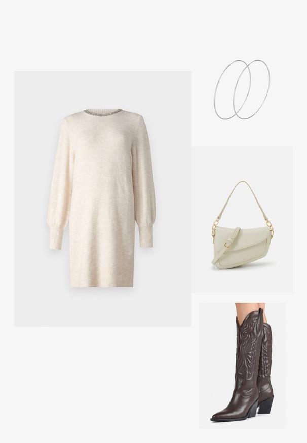 Pletena haljina u boji slonovače s okruglim izrezom, ukrašenim dekolteom i dugim napuhanim rukavima. Ima rebraste manžete i donji rub. Mekana tekstura.; Smeđe kožne kauboj čizme s šiljastim vrhom i blok-potpeticom, s detaljno izvezenim šavovima i uzdignutim naglascima na okovu.; Mala krem torbica s teksturiranim finišom, dugačkim podesivim remenom, lančanim detaljem i preklopom. Zlaćani hardver.; Srebrne okrugle naušnice s minimalističkim dizajnom. Kružni oblik, glatka tekstura i tanak profil. Lagane s poliranim završetkom.