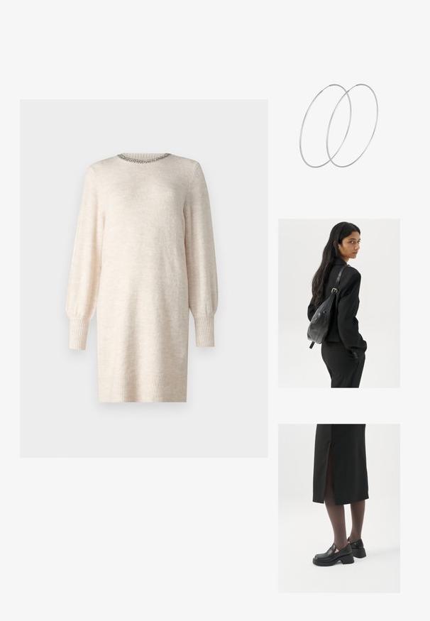 Megzta suknelė kreminės baltumo spalvos, su apvaliu iškirpimu, papuošta apykakle ir ilgomis pūstomis rankovėmis. Yra šonkačių audinio rankogaliai ir apatinė dalis. Minkšta tekstūra.; Juodos odinės bateliai su apvaliu nosiu, stora blokine pakulne ir elastingais šonais, derinami su tamsiomis pėdkelnėmis ir juoda sijonu su plyšiu.; Moteris su ilgais tamsiais plaukais, vilkinti juodą kostiumą, nešanti juodą odinę rankinę per petį, žvelgia per petį prieš balto fono.; Sidabrinės pusmėnulio auskarai minimalistiniu dizainu. Apskritimo forma, lygus paviršius ir plonas profilis. Lengvi su poliruotu apdailu.