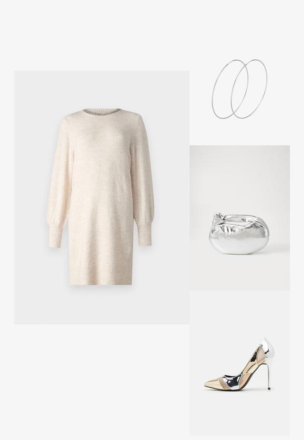 Auklas kleita off-white krāsā ar apaļu kakla izgriezumu, rotātu kakla izgriezumu un garām puff piedurknēm. Ietver ribotas aproces un apakšmali. Maiga tekstūra.; Apspīlēta augstpapēžu kurpe ar zeltītu, sudrabi un neitrālu krāsu kombināciju. Spīguļojoša virsma ar izgriezuma dizainu, aprīkota ar stiletto papēdi.; Sudraba metāliska poga somiņa ar mīkstu, noapaļotu formu un mezgla augšējo aizdari. Izgatavota no gludas mākslīgās ādas materiāla.; Sudraba gredzenveida auskari ar minimālistisku dizainu. Cirkulāra forma, gluda tekstūra un plāns profils. Vieglu svaru ar spīdīgu apdari.