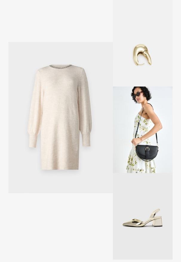 Robe en tricot couleur blanc cassé avec un col rond, un décolleté orné et de longues manches bouffantes. Présente des poignets et un ourlet en côtes. Texture douce.; Talons aiguilles dorés métalliques avec un bout pointu et un talon épais. Texture lisse, design minimaliste et une fine bride.; Sac à main en cuir noir avec une forme courbée, bandoulière amovible et des accessoires en or. Le sac est doté d'un rabat avec un détail de boucle.; Boucle d'oreille en métal doré avec un design élégant et courbé. Présente une forme conique distinctive, une surface polie et une fermeture à charnière.