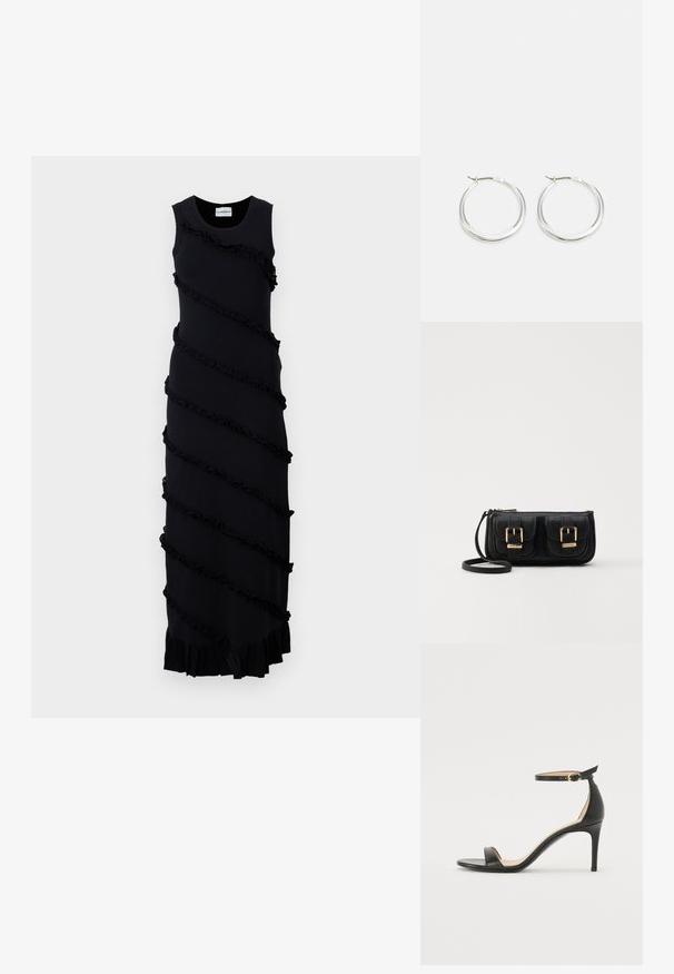 Fekete ujjatlan ruha átlós fodrokkal, puha anyagból, hosszú szabással és bővülő szegéllyel. Minimalista dizájn, díszítések nélkül.; Fekete bőr magassarkú szandál bokapánttal. Simább textúrájú, nyitott orrú és vékony sarkú. Arany színű csat részlet.; Fekete bőr keresztbody táska két elülső zsebbel, arany csattokkal, cipzáras záródással és vékony pánttal. Textúrált felület és kompakt téglalap alak.; A ezüst karika fülbevalók sima, lekerekített formájúak, vékony profilúak és biztonságos zárással rendelkeznek. Minimalista stílus, fényes befejezéssel.