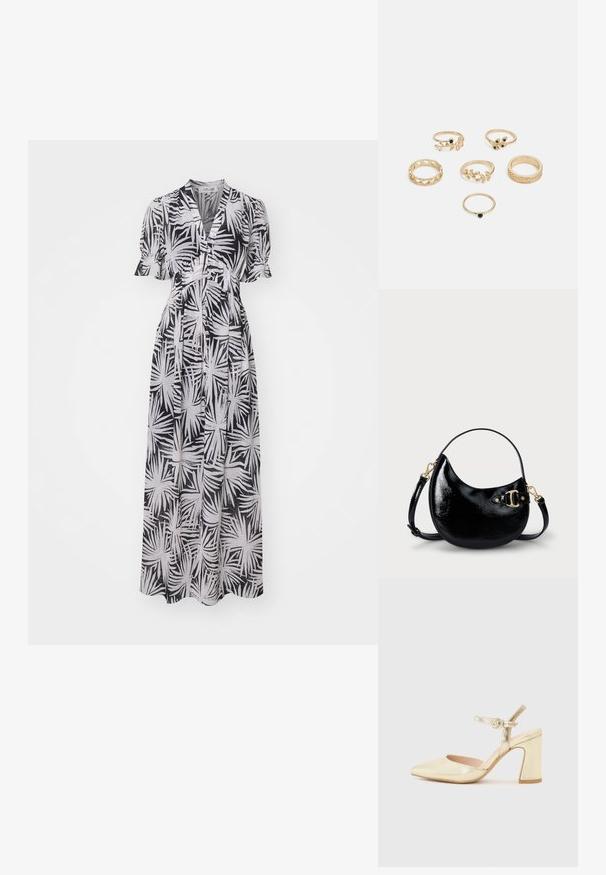 Czarna i biała maxi sukienka z krótkimi bufkami, dekoltem w serek, guzikiem z przodu oraz abstrakcyjnym geometrycznym wzorem liści palmowych.; Złote metaliczne buty na obcasie z wąskim noskiem, paskiem wokół kostki z okrągłym zapięciem oraz masywnym obcasem. Gładka tekstura.; Czarna torebka z lakierowanej skóry o zaokrąglonym kształcie, z regulowanym paskiem i złotymi akcentami po boku. Gładka, błyszcząca tekstura.; Zestaw sześciu złotych pierścionków o różnych wzorach: plecione, z motywami liści oraz gładkie obrączki; niektóre z akcentami zielonych kamieni szlachetnych.