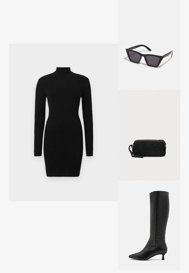 Abito nero a maniche lunghe con silhouette aderente e scollo alto, realizzato in un tessuto strutturato che offre un aspetto liscio ed elegante.; Zign Stivali alti - black; Occhiali da sole neri e angolari con lenti grigie; realizzati in plastica, con aste spesse dalla superficie liscia e senza hardware visibile.; Borsa a pochette nera in suede con chiusura a zip e tracolla rimovibile. Presenta hardware in tonalità oro e una texture liscia e opaca.