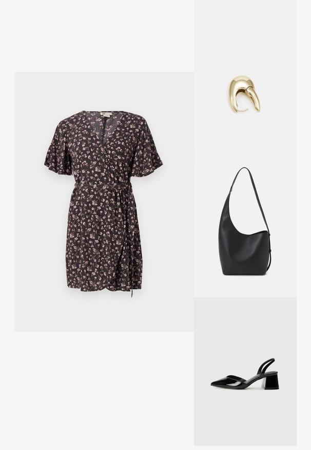 Zwarte bloemen wrap jurk met korte flutter mouwen, voorzien van een V-hals, tailleband en kleine veelkleurige bloempatronen over de gehele jurk.; Zwarte gepatineerde leren slingback hakken met een spitse neus en een geometrische blokhak. Kenmerkt zich door een slank, minimalistisch ontwerp en een gladde textuur.; Zwarte leren hobo tas met een gladde textuur, kromme vorm en een enkele verstelbare schouderband; heeft een brede opening aan de bovenkant.; Gouden metalen oorbel met een slank, gebogen ontwerp. Beschikt over een kenmerkende puntige vorm, gepolijste oppervlakte en scharnier sluiting.