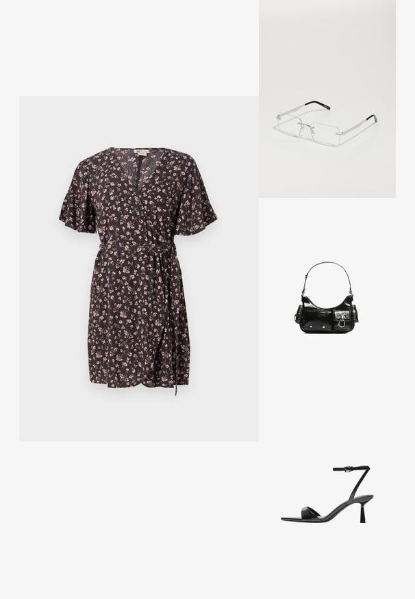 Crna cvjetna haljina s kratkim lepršavim rukavima, koja ima V-izrez, vezanje u struku i male višečlane cvjetne uzorke po cijeloj haljini.; Bershka Sandale s visokom petom - black; Pravilne naočale s prozirnim lećama, s tankim okvirom od srebrnog metala i crnim acetatnim vrhovima. Karakterizira ih minimalno hardversko rješenje za elegantan dizajn.; Crna patentna kožna torba s zakrivljenim oblikom, jednim remenom za rame, prednjim džepovima i akcentima od srebrnog tona.