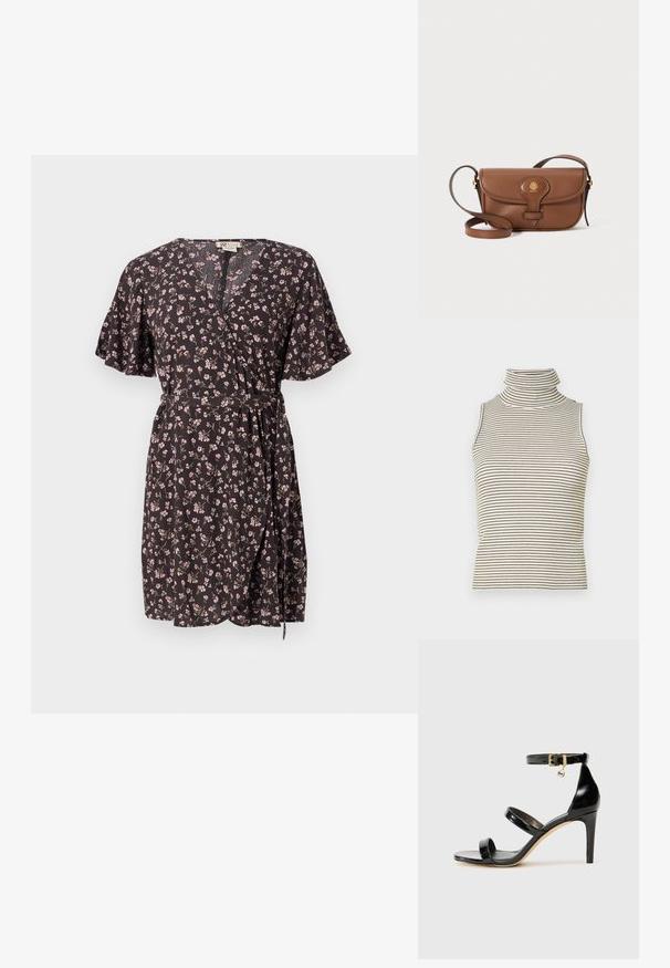 Fekete virágmintás, rövid fodros ujjú, keresztbe tekert ruha, V-nyakkal, derékmegkötővel és apró, színes virágmintákkal az egész anyagon.; Ujjatlan garbó felső, függőleges fekete és fehér csíkokkal, texturált kötött anyagból készült, magas, szoros gallérral.; Fekete lakk bőr szandál három pánttal, bokapánttal és 10 cm magasságú tűsarokkal. Arany színű részletekkel és logó charm-mal rendelkezik.; Barna bőr keresztpántos táska ívelt fedéllel, arany színű fémrészekkel és dekoratív logóval. A heveder állítható és sima felületű.