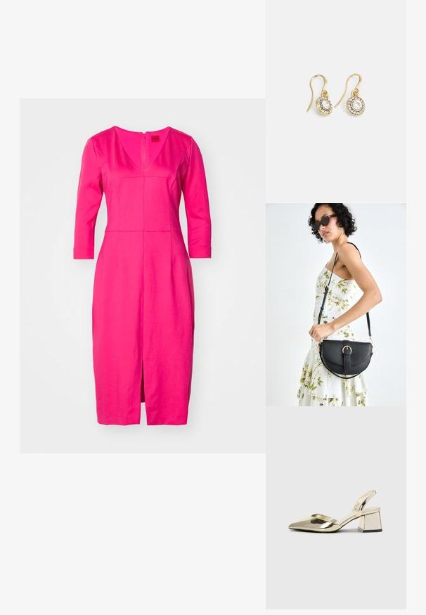 Fuksijas krāsas kleita ar trim ceturtdaļas piedurknēm, V-veida dekoltē, pieguloša forma, līdz ceļgaliem, ar priekšējo atvērumu un diagonālām šuvēm struktūras radīšanai.; Zeltaini, metāla kurpes ar siksniņām, norakans purngalis un masīla papēdis. Gluda tekstūra, minimālisma dizains un šaura siksna.; Melnas ādas rokassoma ar izliekta formu, noņemamu siksnu un zelta aksesuāriem. Somai ir vāciņš ar sprādzes detaļu.; Zelta tonī veidotas auskaru piekariņi ar ovālu izgriezumu caurspīdīgām kristālēm, kuras ieskauj mazākas caurspīdīgas akmeņu daļiņas, ar āķveida dizainu drošai valkāšanai.